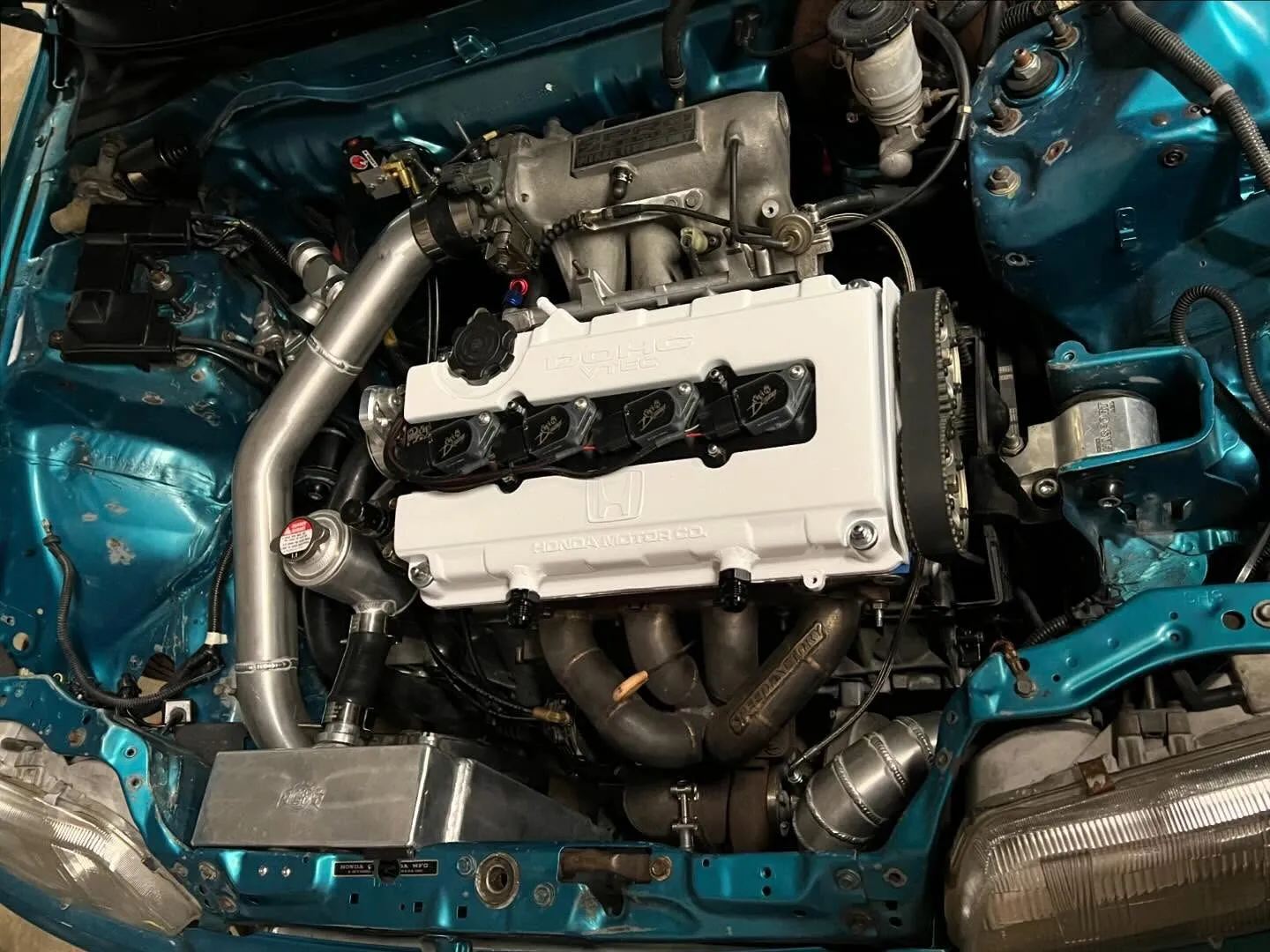 Engine bay detail with turbo piping